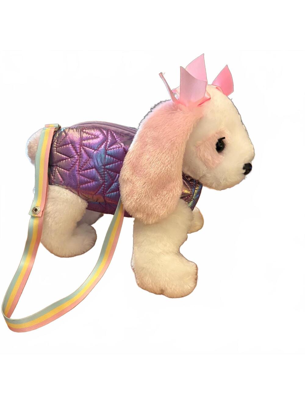 Pink and Purple Plush Puppy Purse with Rainbow Strap